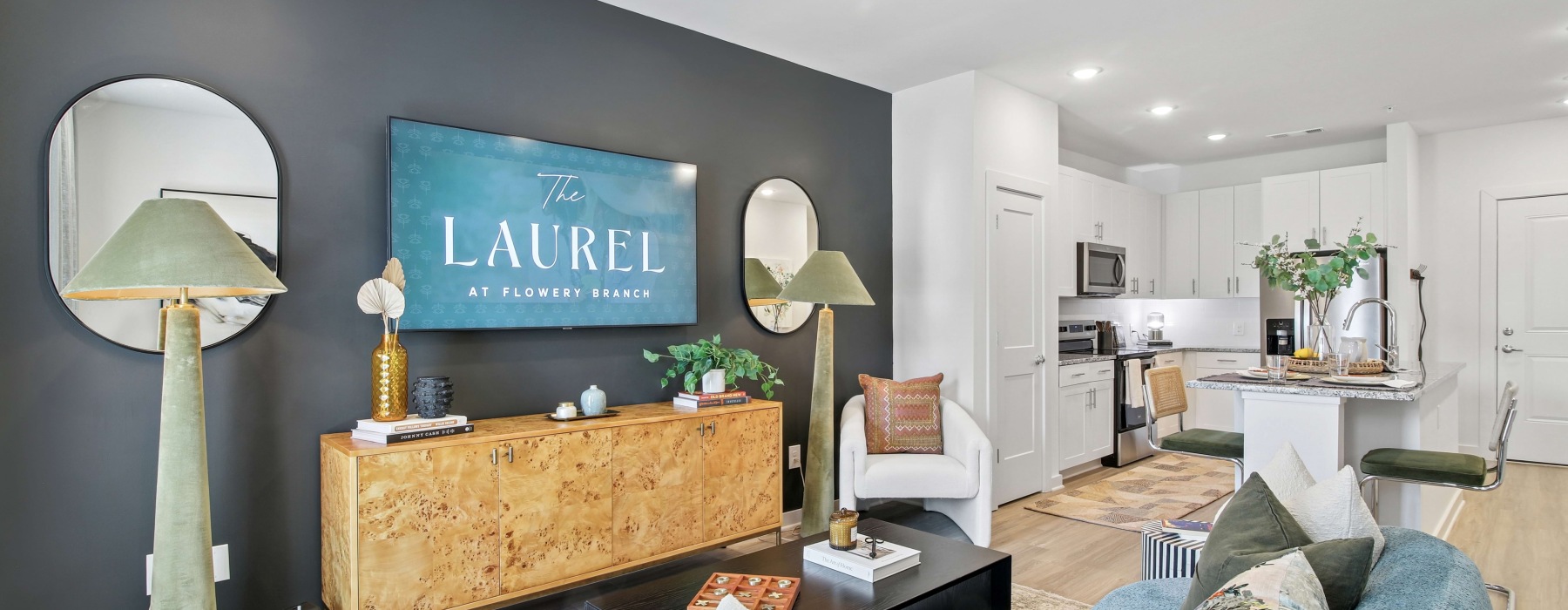 Furnished 2-bedroom apartment model in Flowery Branch, GA.